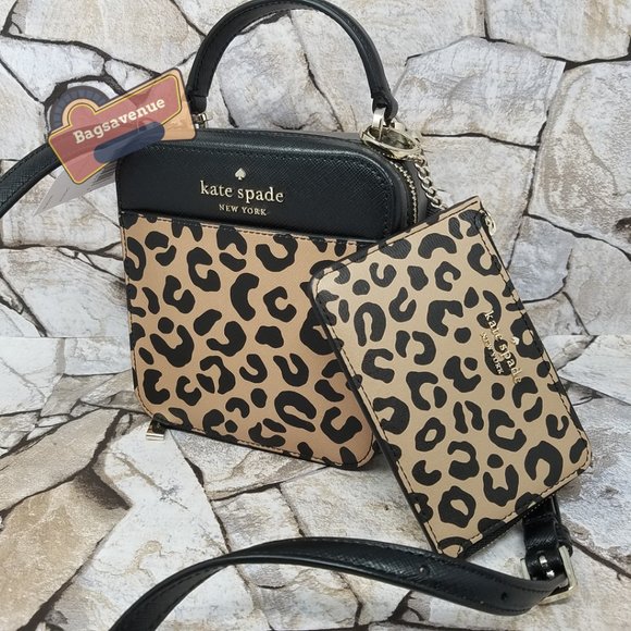 Kate Spade Daisy Vanity Crossbody Graphic Leopard Card Key Chain Holder Black - Picture 3 of 7